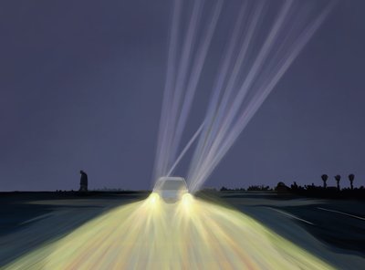 Homem a caminhar no parque de estacionamento de Lighthouse Beach à noite, Chatham, Massachusetts (arte digital) de Evan Sklar