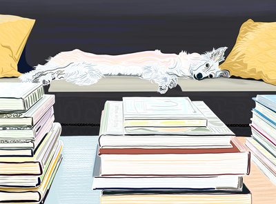 A Minnie no sofá com livros, c.2020-24 (arte digital) de Evan Sklar