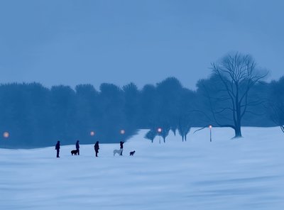Pessoas e cães na neve em Prospect Park (arte digital) de Evan Sklar