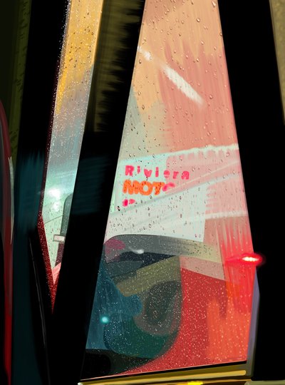 Sinal do Rivera Motel visto do carro numa noite de chuva (arte digital) de Evan Sklar