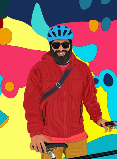 Rizwan a sorrir (arte digital) de Evan Sklar