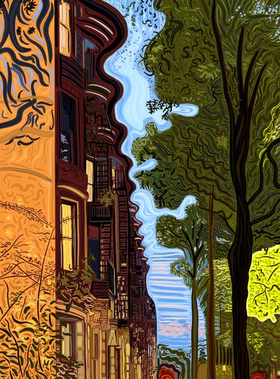 Linha do telhado e linha das árvores ao pôr do sol. (arte digital) de Evan Sklar