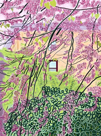 Árvores primaveris e edifício de apartamentos, parque Prospekt (arte digital) de Evan Sklar