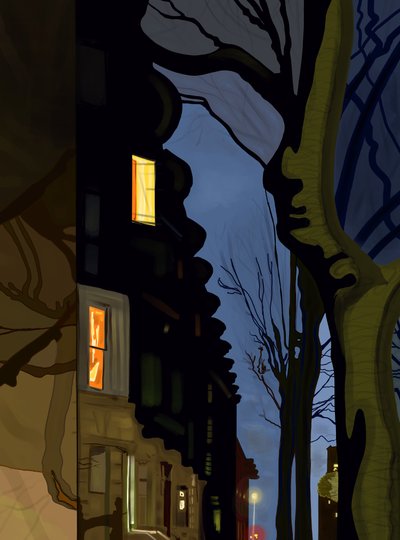 Topos de ruas e edifícios à noite (arte digital) de Evan Sklar