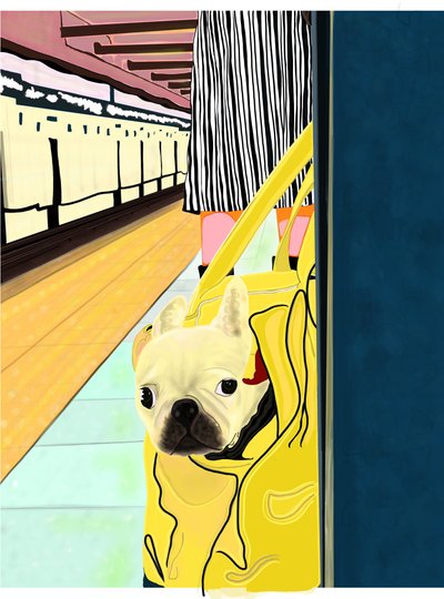 Viajante de metro com cão no saco, Brooklyn (arte digital) de Evan Sklar