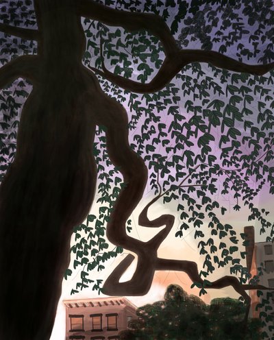 Tree and Avenue At Dusk, 2016 (desenhado à mão num iPad com um lápis Apple) de Evan Sklar