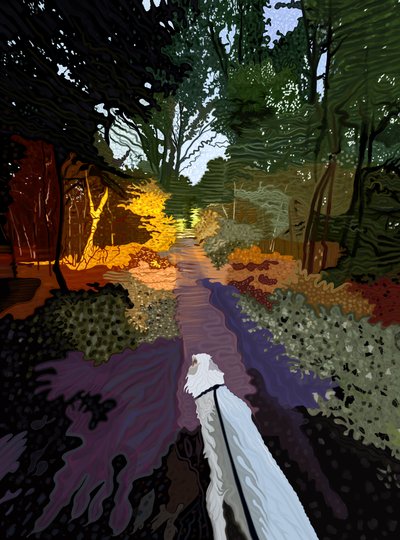 Cão branco a passear na floresta (arte digital) de Evan Sklar
