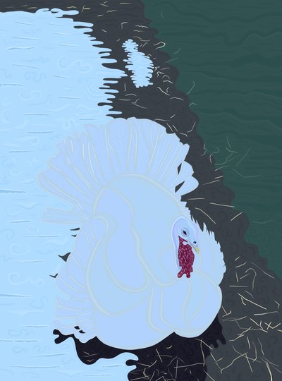Peru branco na neve numa quinta. (arte digital) de Evan Sklar