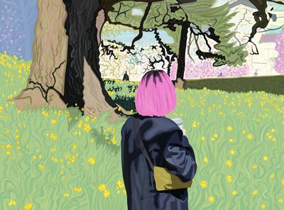 Mulher Wirth Cabelo cor-de-rosa e campo de narcisos (arte digital) de Evan Sklar