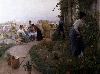 Uma tarde de verão, Liège, Bélgica. Uma tarde de verão em Liège. Algumas mulheres estão a tomar chá num terraço. Uma delas está a colher flores. Pintura de Evariste Carpentier (1845-1922, belga) Coleção particular de Evariste Carpentier