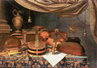 Uma guitarra, um violoncelo, alaúdes, uma partitura musical e outros livros e um globo armilar sobre uma mesa drapeada de Evaristo Baschenis