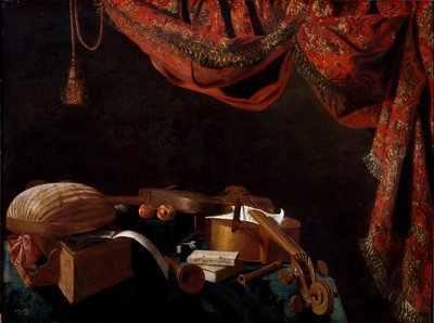 Natureza morta com instrumentos musicais e pintura de livros de Evarista Baschenis de Evaristo Baschenis