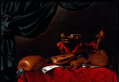 Natureza morta com instrumentos musicais e uma pintura de pêra de Evarista Baschenis (1617-1677) do século XVII. Bergamo, Accademia Carrara, Itália de Evaristo Baschenis
