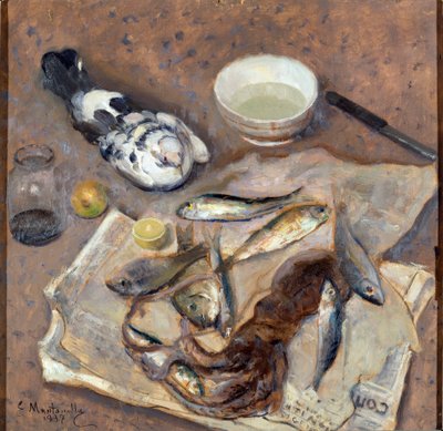 Peixes e pombos. Pintura de Evasio Montanella (1878-1940) 1937 Sol. 62x64 cm Genes Nervi, Galleria de Arte Moderna, inv. 0433 de Evasio Montanella