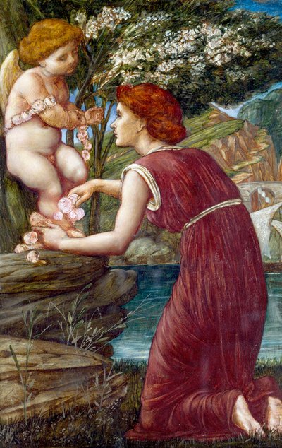 "O culto de Cupido" Mulher jovem segurando uma estatueta do deus do amor. Pintura de Evelyn De Morgan (1855-1919) (pré-rafaelita) Coleção particular de Evelyn De Morgan