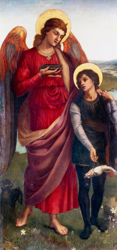 "Tobias e o Arcanjo Rafael" Tobias, encarregado pelo seu pai cego de encontrar o fel de peixe, é acompanhado pelo Arcanjo Rafael. Pintura de Evelyn De Morgan (1855-1919) (pré-rafaelita) 1875 Coleção particular de Evelyn De Morgan