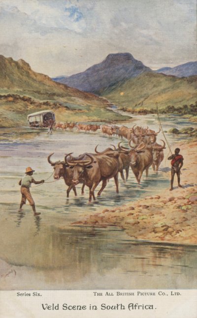 Agricultores que conduzem gado, África do Sul (cor litho) de Evelyn Stuart Hardy