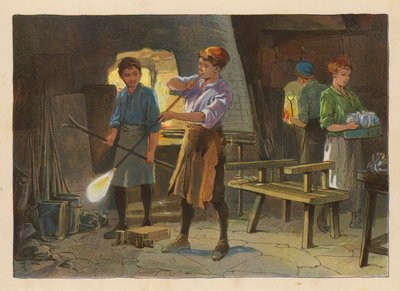 Pequenos trabalhadores: Sopro de vidro (litografia a cores) de Evelyn Stuart Hardy