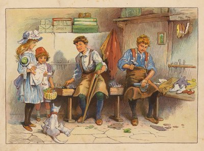 Pequenos Trabalhadores: O fabricante de botas e sapatos (litografia a cores) de Evelyn Stuart Hardy