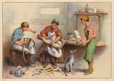 Pequenos Trabalhadores: O seleiro e o fabricante de arreios (litografia a cores) de Evelyn Stuart Hardy