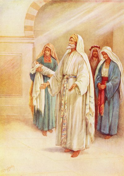Zacarias e Isabel com o bebé João (litografia a cores) de Evelyn Stuart Hardy