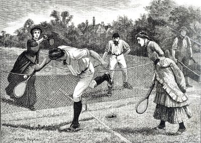 Gravura representando um jogo de ténis de pares amigável de Everard Hopkins