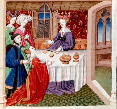 Isolda (ou Isolda) implorou a proteção da rainha Guenevre sentada à sua mesa. Miniatura tirada de “”Romanesque du Chevalier Tristan et de la reine Yseult”” de Gassien de Poitiers iluminada por Everard de Espinques (Evrard d