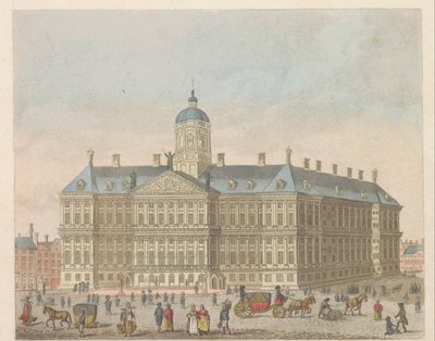 Palácio Real na Praça Dam, cerca de 1810-1813 Vue du Palais Roijal, et de la Place le Dam (título no objeto) de Evert Maaskamp
