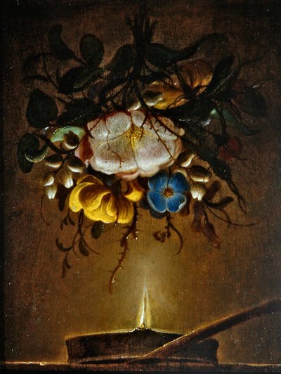 Uma natureza morta com um ramo de flores pendurado perto de uma vela. de Evert van Aelst