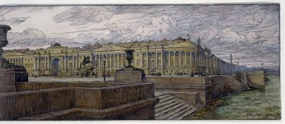 La place du Senat a Saint Petersbourg (O Lugar do Senado em São Petersburgo). Descrição dos batiments sur la rive de la Neva. Oeuvre de Evgeny Evgenyevich Lanceray (Eugene Lansere) (1875-1946), litografia de Evgeni Evgenievitch Lanceray