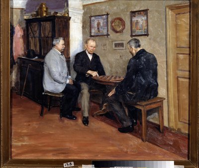 Os jogadores de desenho. Pintura de Evgeni Iosifovich Bukovetsky (1866-1948). Óleo sobre tela, 71 x 80 cm de Evgeniy Iosipovich Bukovetsky