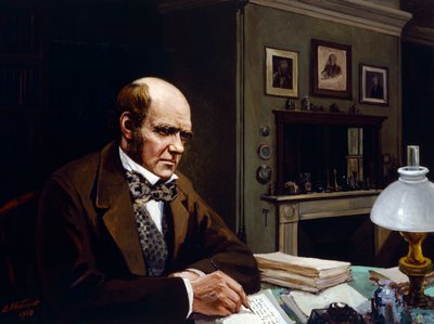 Darwin no seu estudo (óleo sobre tela) de Evstafieff Evstafieff