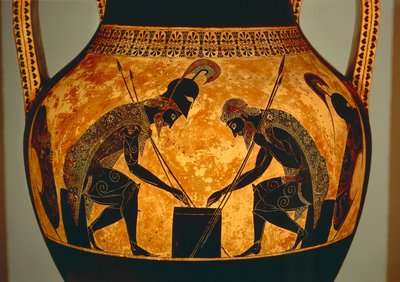 ânfora de sótão com figuras negras representando Aquiles e Ajax jogando dados, de Vulci, c.540-530 BC (cerâmica) (detalhe) de Exekias Exekias
