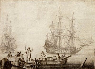 Homens num barco perto de dois navios holandeses de Experiens Sillemans