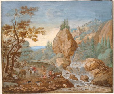 Paisagem de montanha com um grupo de caça em primeiro plano de F.C. van Bracht