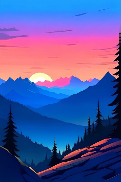 Uma paisagem de pôr do sol e picos de montanhas, cores azuis e roxas numa tela vertical de F. Abderrahim