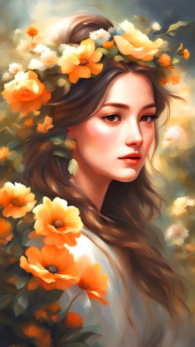 Uma mulher decorada com flores numa bela paisagem, impressões de arte de parede de F. Abderrahim