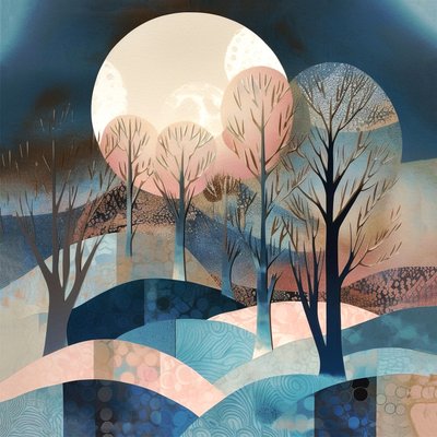 Pintura abstrata Moonglow, lua grande, azul creme rosa, impressão de arte para parede de F. Abderrahim