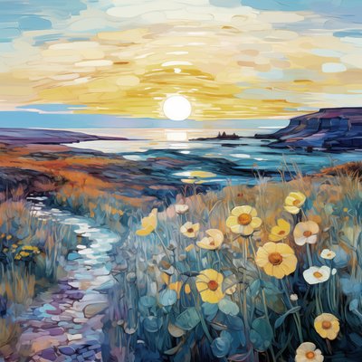 Flores roxas abstractas ao nascer do sol Pintura de paisagem, Impressões de parede de F. Abderrahim