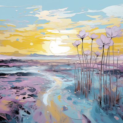 Flores roxas abstractas na paisagem do pôr do sol, impressões murais personalizadas de F. Abderrahim