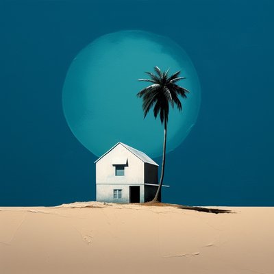 Casa de campo abstrata junto à praia e uma palmeira, Tela com moldura, Impressão a pedido de F. Abderrahim