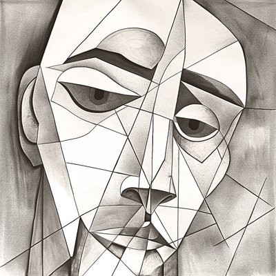 Desenho abstrato primitivo a lápis representando um retrato facial melancólico de F. Abderrahim