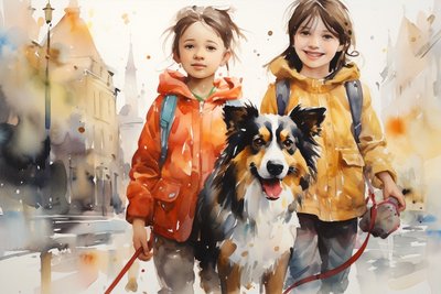 Pintura de retrato a aguarela de cão e crianças, decoração de arte de parede, impressões canva de F. Abderrahim
