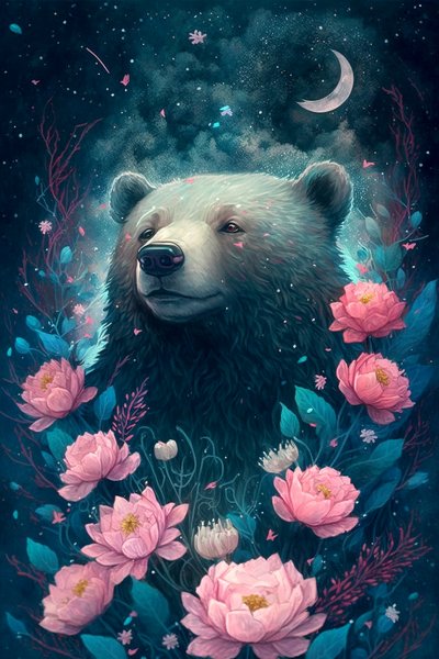 Urso numa cena de sonho de fantasia rodeado de flores, impressões de posters emoldurados de F. Abderrahim
