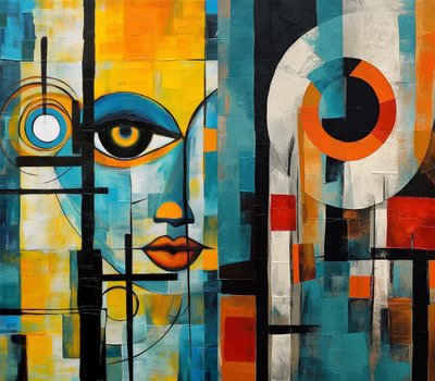 Bela pintura cubista, rosto feminino em cores vivas, impressões de arte de parede de F. Abderrahim