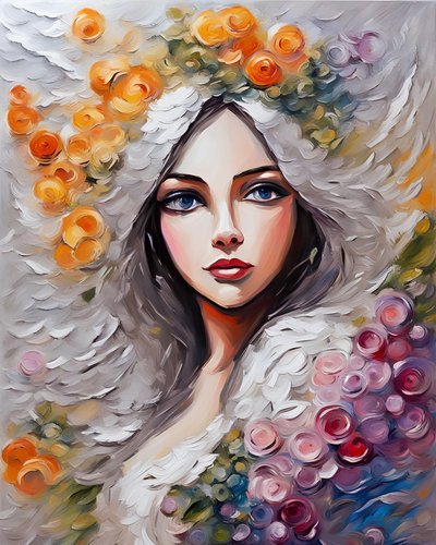 Mulher jovem e bonita rodeada de flores, impressões de arte mural floral e de beleza de F. Abderrahim