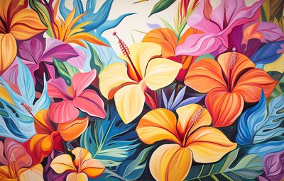 Bouquet de flores de hibisco de cores vivas, pintura floral, impressões artísticas de F. Abderrahim