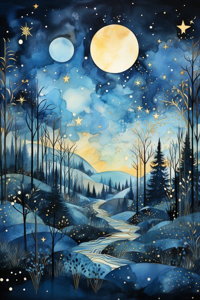 Sussurros celestiais: Pintura abstrata a aguarela do céu noturno azul de F. Abderrahim