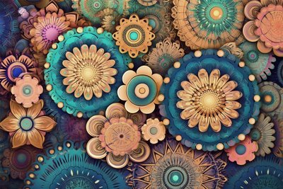 Flor mandala colorida, um jardim de beleza vibrante, impressões de arte de parede de F. Abderrahim