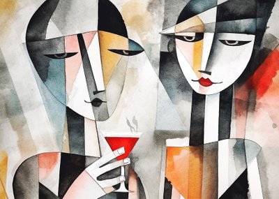 Casal bebe vinho num restaurante, Tela e impressão de arte mural de F. Abderrahim